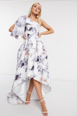 Bariano one shoulder dress with bow detail in blue floral White Blue