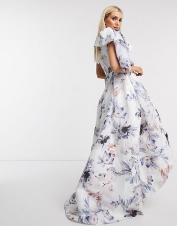 Bariano one shoulder dress with bow detail in blue floral, White/Blue - Image 2