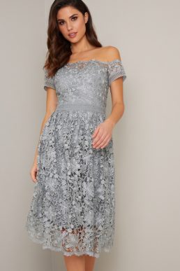 Chi Chi Cerise Lace Bardot Dress Silver