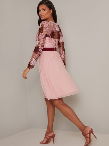 Chi Chi Sutton Floral Lace Sleeve Dress, Pink - Image 2