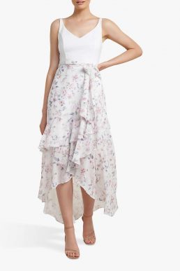 Forever New Everly 2-In-1 Frill Midi Dress, Sweet Dream Floral White Pink