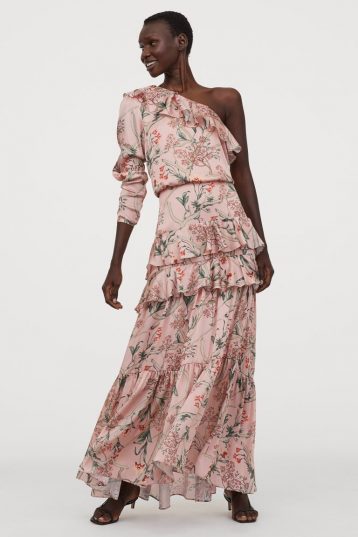 H&M One-shoulder floral satin tiered maxi dress Pink Multi