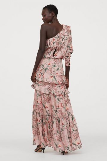 H&M One-shoulder floral satin tiered maxi dress, Pink/Multi - Image 2