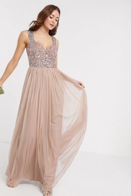 Maya Bridesmaid allover contrast sequin bust maxi dress in taupe blush