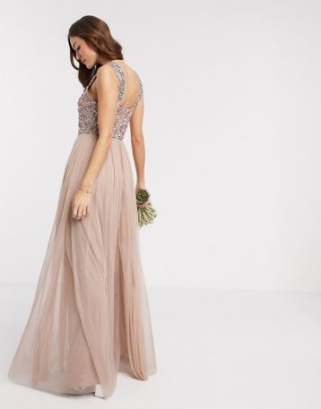Maya Bridesmaid allover contrast sequin bust maxi dress in taupe/blush - Image 2