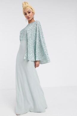 allover contrast sequin cape maxi dress in blue mint