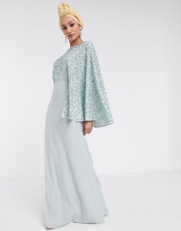 allover contrast sequin cape maxi dress in blue mint