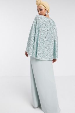Maya Bridesmaid allover contrast sequin cape maxi dress in blue mint