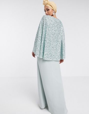 Maya Bridesmaid allover contrast sequin cape maxi dress in blue mint