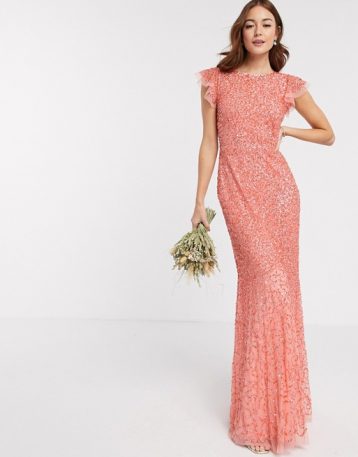 Maya Bridesmaid allover delicate sequin cap sleeve maxi dress in coral