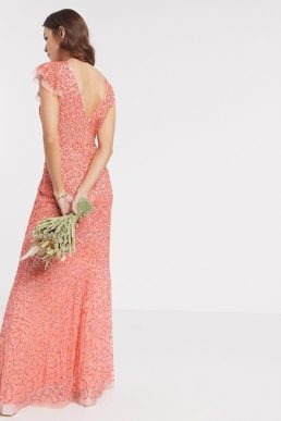 Maya Bridesmaid allover delicate sequin cap sleeve maxi dress in coral