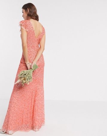 Maya Bridesmaid allover delicate sequin cap sleeve maxi dress in coral