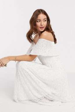 Maya Bridesmaid off shoulder overlay midaxi dress in white
