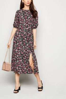 New Look Black Floral Tie Waist Midi Dress Pink Multi