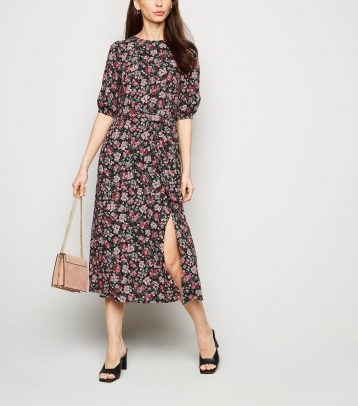 New Look Black Floral Tie Waist Midi Dress Pink Multi