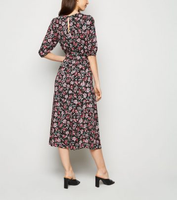 New Look Black Floral Tie Waist Midi Dress, Pink/Multi - Image 2