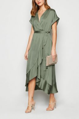 New Look Pale Khaki Green Satin Ruffle Trim Midi Wrap Dress