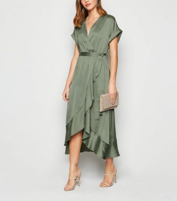 New Look Pale Khaki Green Satin Ruffle Trim Midi Wrap Dress