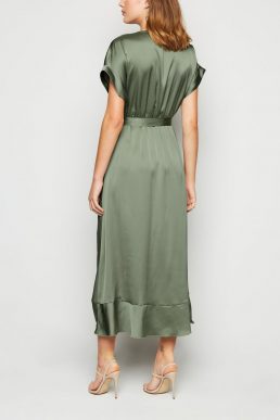 New Look Pale Khaki Green Satin Ruffle Trim Midi Wrap Dress