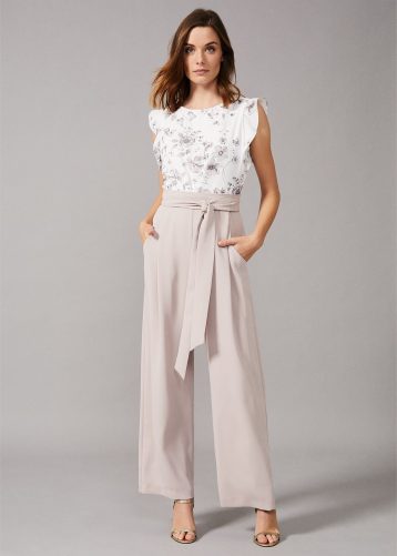 Phase Eight Victoriana Floral Printed Jumpsuit Ivory Taupe