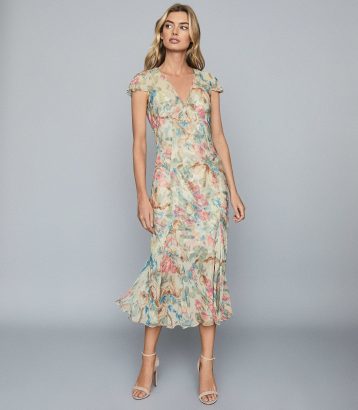 Reiss Lilly Floral-Print Chiffon Midi Dress Pink Multi