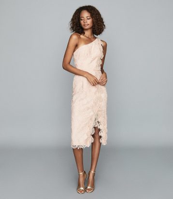 Reiss Mena One-Shoulder Lace Shift Dress Nude Pink