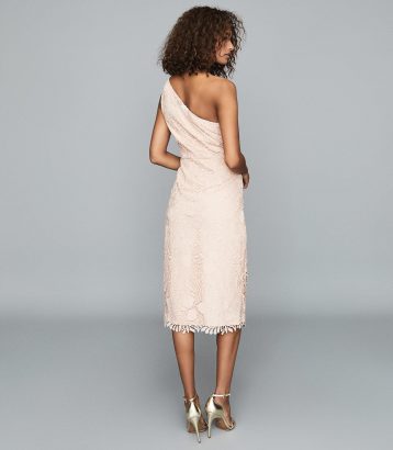 Reiss Mena One-Shoulder Lace Shift Dress Nude Pink