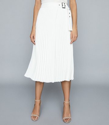 Reiss Pleated Midi Skirt Arielle Pleat Side Buckle, White - Image 2
