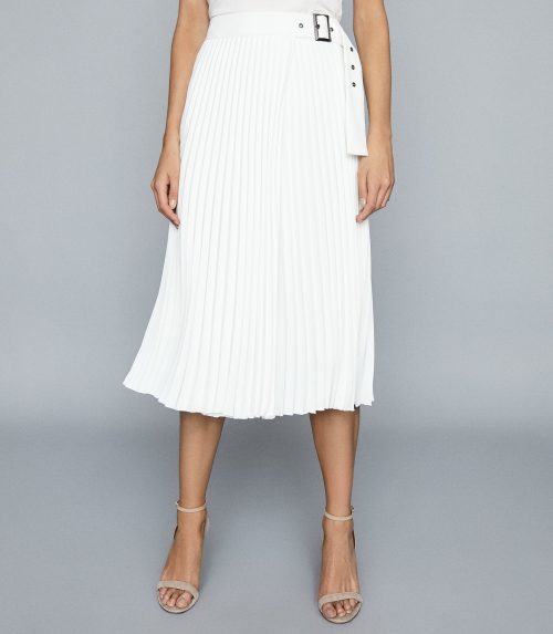 Reiss Pleated Midi Skirt Arielle Pleat Side Buckle, White