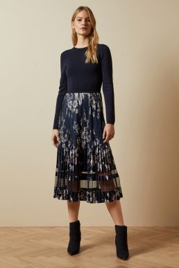 Ted Baker CLLOVER Dark Pergola pleated dress Navy Multi