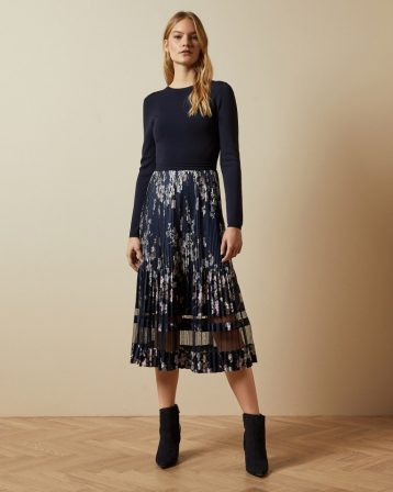 Ted Baker CLLOVER Dark Pergola pleated dress Navy Multi