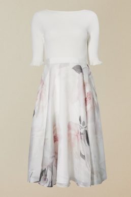 Ted Baker ILINE Bouquet print sleeve full skirt dress Ivory Pink