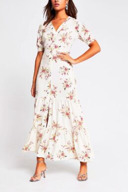 River Island Cream floral short sleeve midi dress
