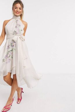 ASOS DESIGN embroidered pleated halter dress with soft layered skirt Cream Multi