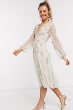 ASOS DESIGN midi dress with blouson sleeve delicate floral embellishment Taupe