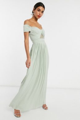 ASOS DESIGN Premium Fuller Bust lace and pleat bardot maxi dress in sage green