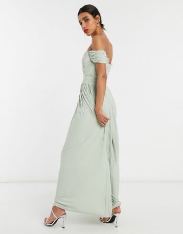 ASOS DESIGN Premium Fuller Bust lace and pleat bardot maxi dress in sage green - Image 2