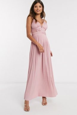 ASOS DESIGN premium pleat cup detail lace insert cami maxi dress in soft pink