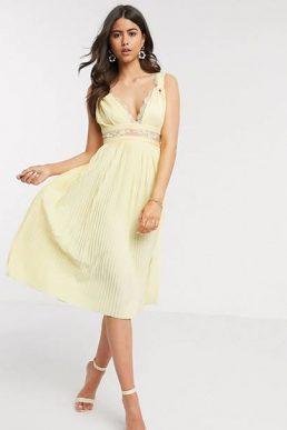 ASOS DESIGN Premium twist strap lace insert midi dress in lemon yellow