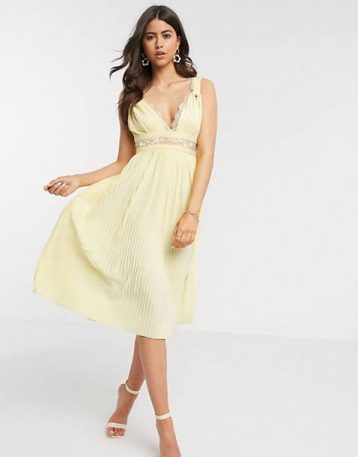 ASOS DESIGN Premium twist strap lace insert midi dress in lemon yellow