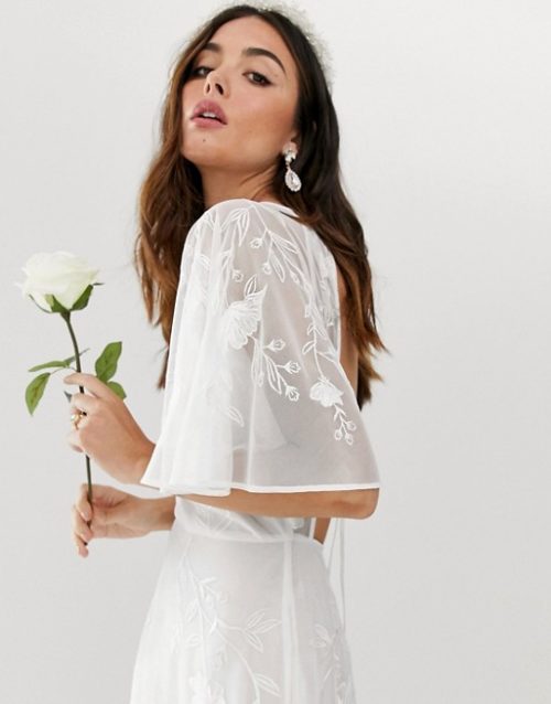 Asos edition embroidered flutter sleeve maxi wedding dress sale