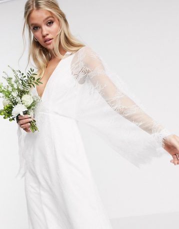 ASOS EDITION lace kimono sleeve wedding dress, Ivory - Image 2