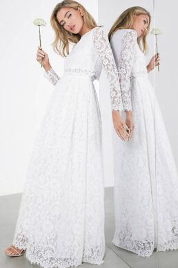 ASOS EDITION Lace Long Sleeve Crop Top Maxi Wedding Dress White