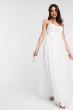 ASOS EDITION Louisa lace corset wedding dress with mesh skirt Ivory