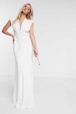 ASOS EDITION Rebecca ruched plunge satin wedding dress Ivory