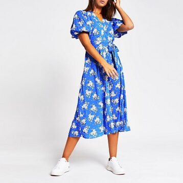 River Island floral puff sleeve midi dress Blue White