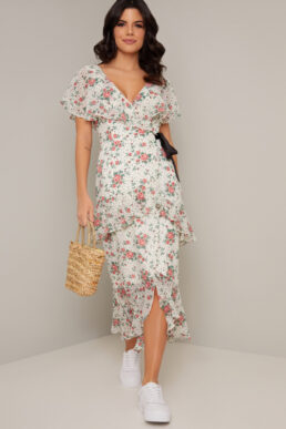 Chi Chi Parris Floral Frill Dress Cream Multi