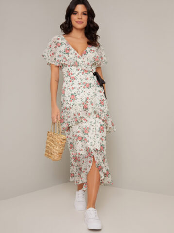 Chi Chi Parris Floral Frill Dress Cream Multi