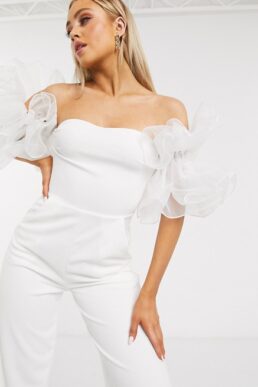Club L London organza sleeve jumpsuit in white