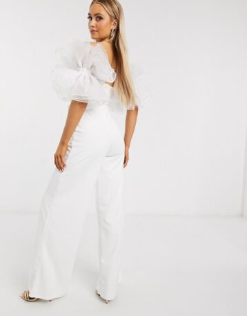 Club L London organza sleeve jumpsuit in white - Image 2